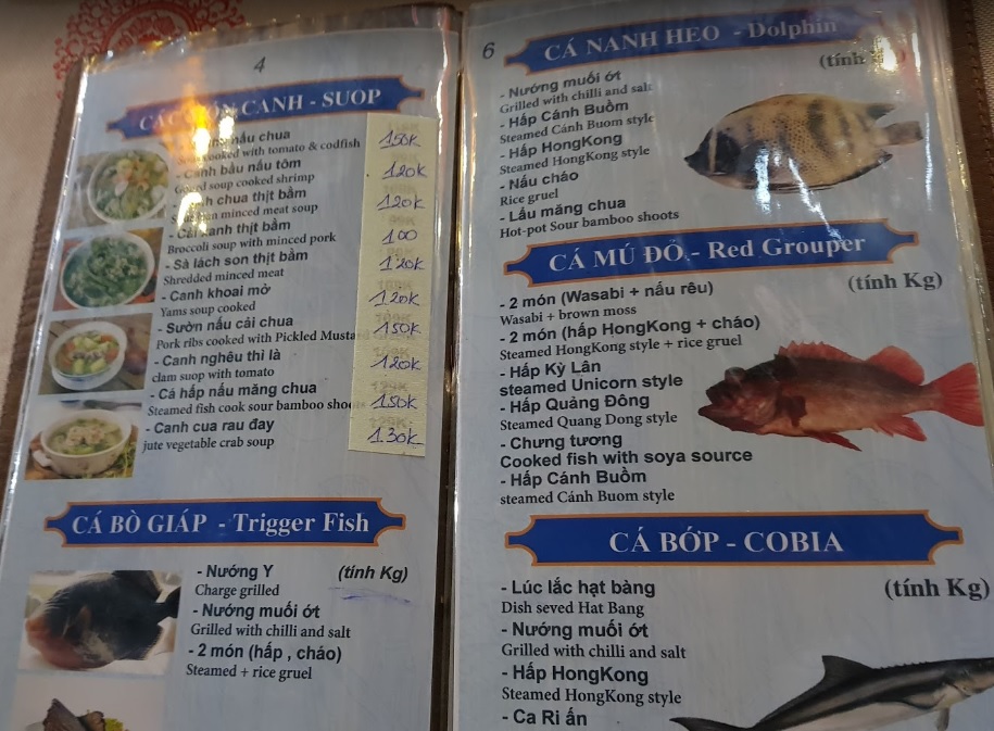 Thực đơn đồ hải sản ở nhà hàng Cánh Buồm